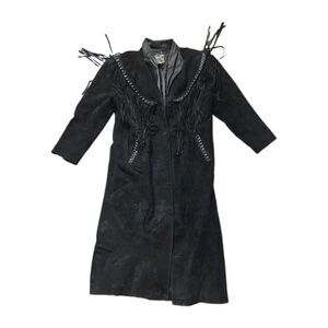 VTG First Genuine Leather Black Suede Fringe Western Duster Long Coat Sz L GUC
